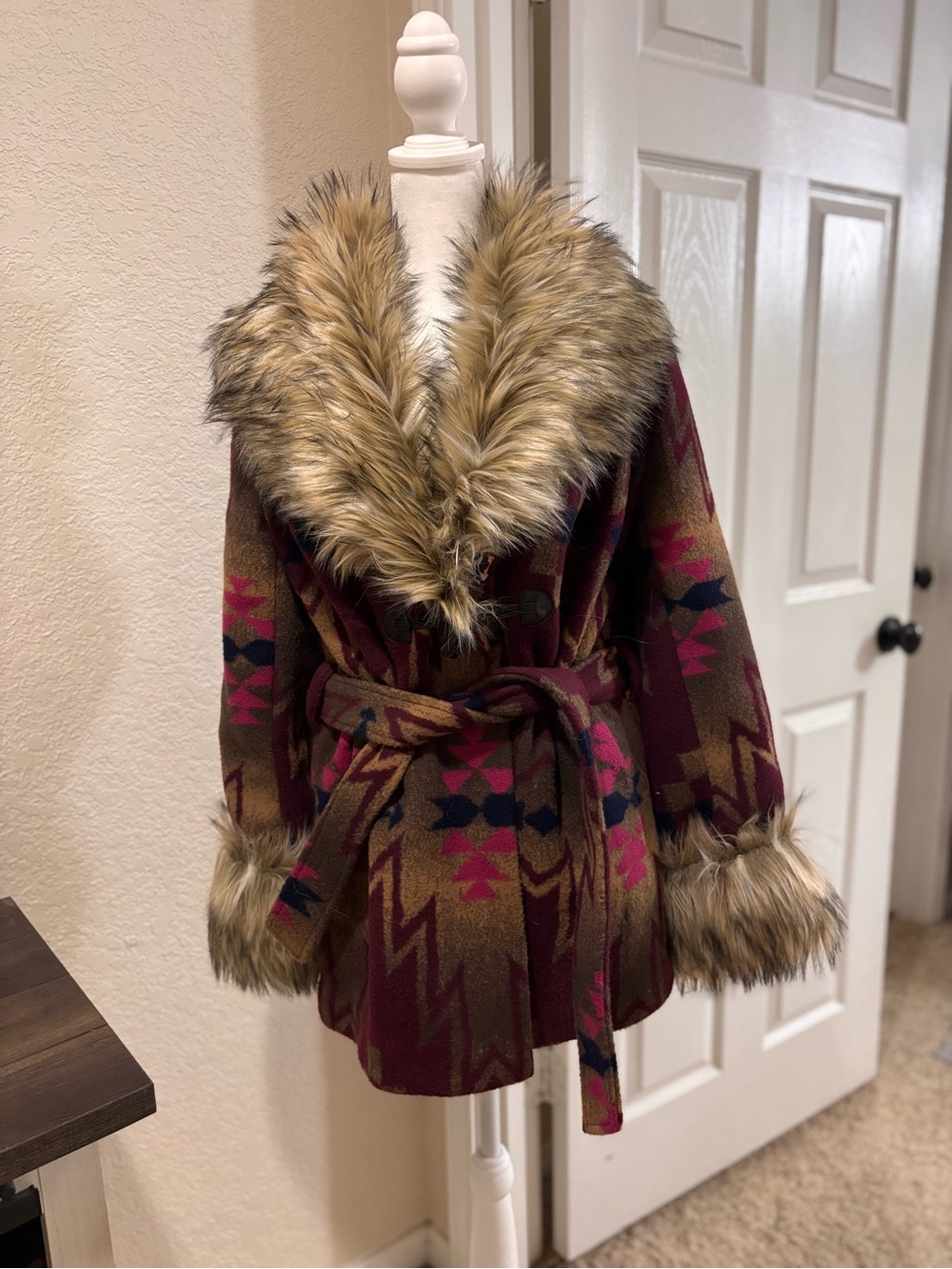 Tasha Polizzi Burgundy and Brown Faux Fur Trim Pea Coat